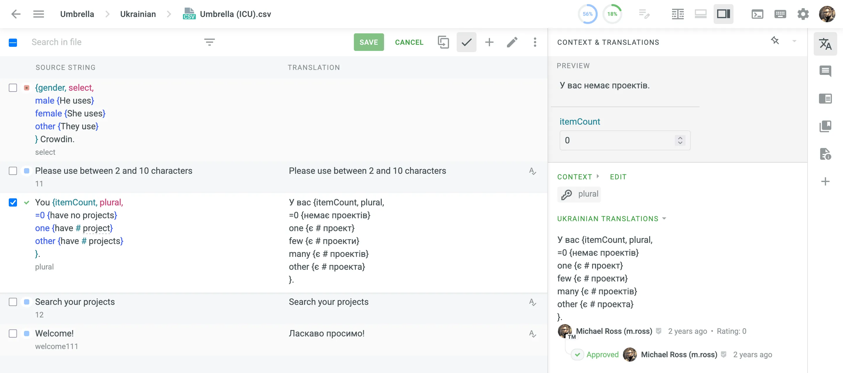 ICU Message syntax in the Editor