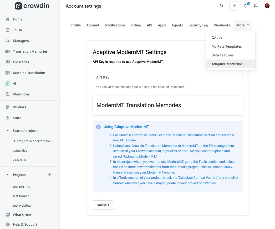 Profile Settings Menu Module