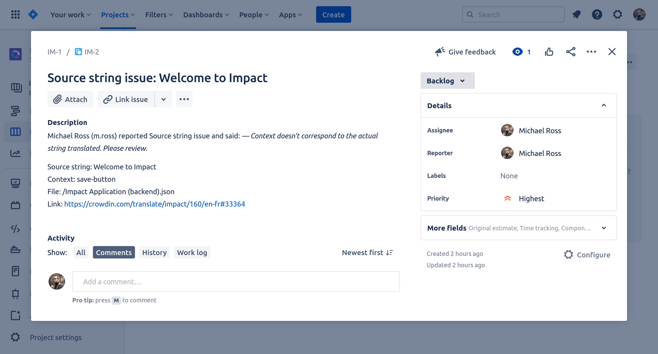 Crowdin issue displayed in Jira