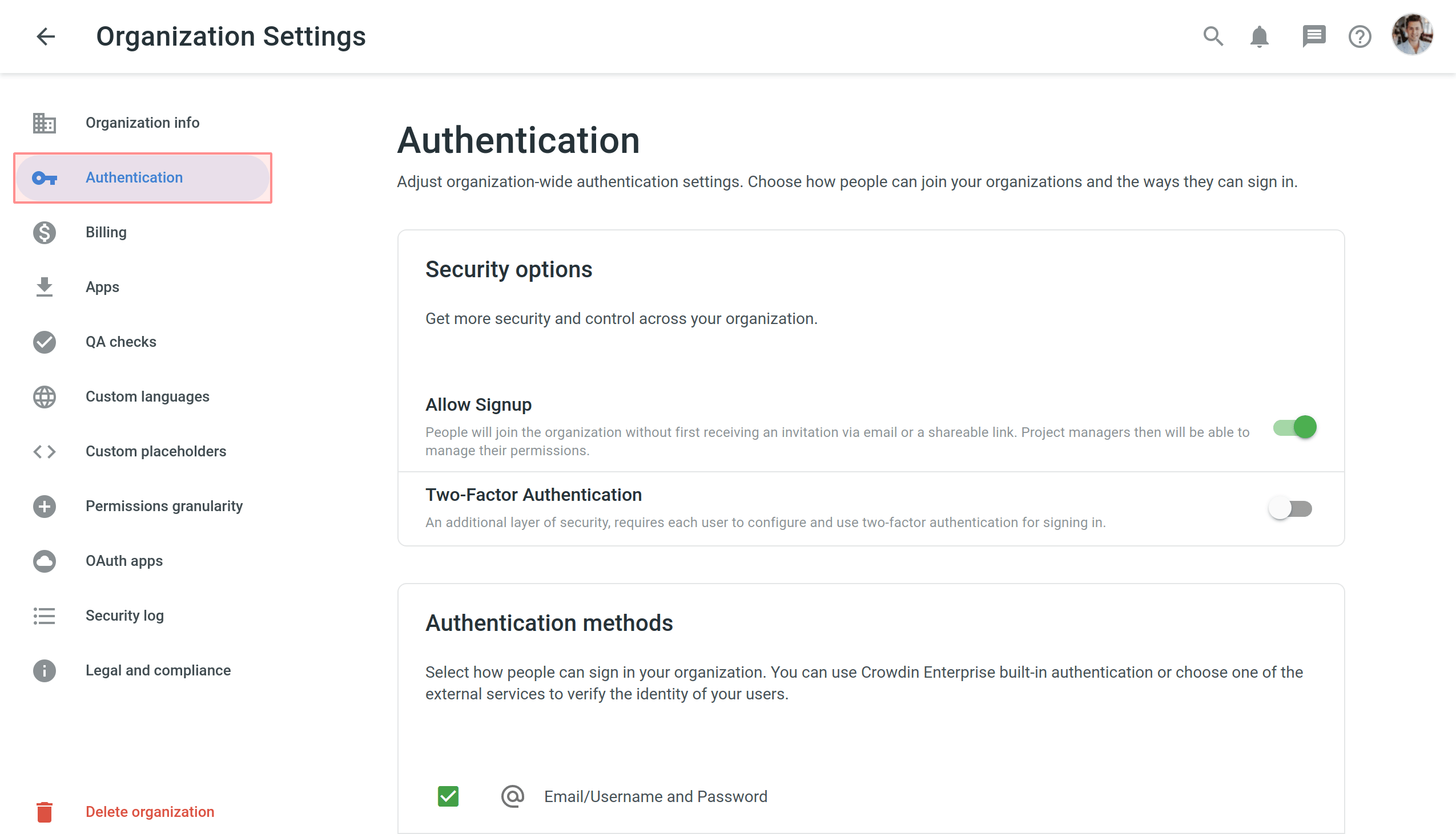 Authentication page