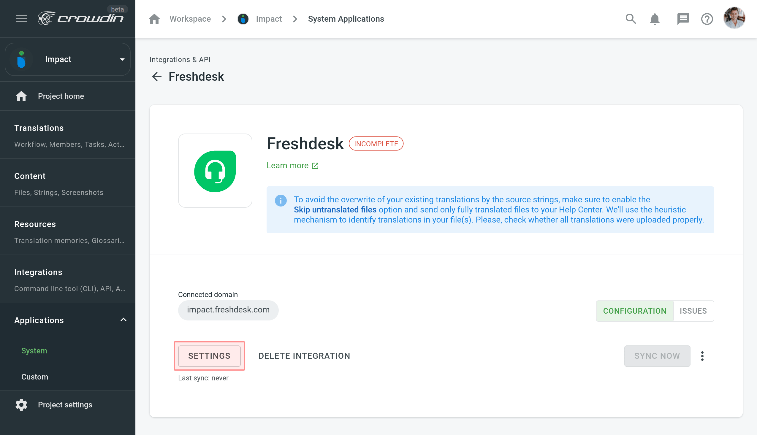 Freshdesk Integration Settings